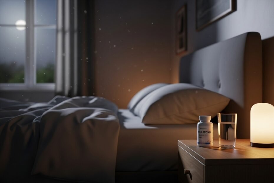 Melatonin benefits shown with supplement bottle in peaceful bedroom at night