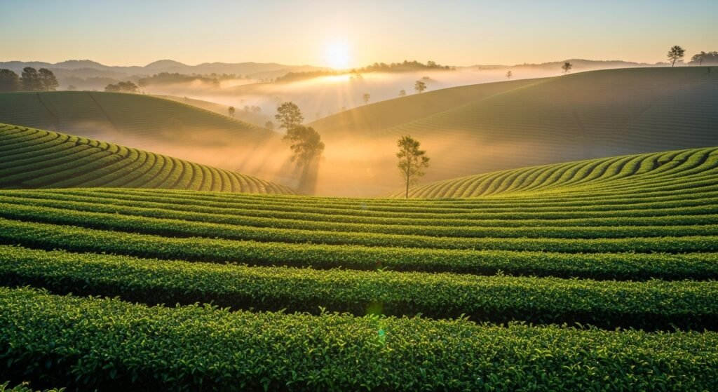Green tea plantation showing natural metabolism boost source with fresh tea plants