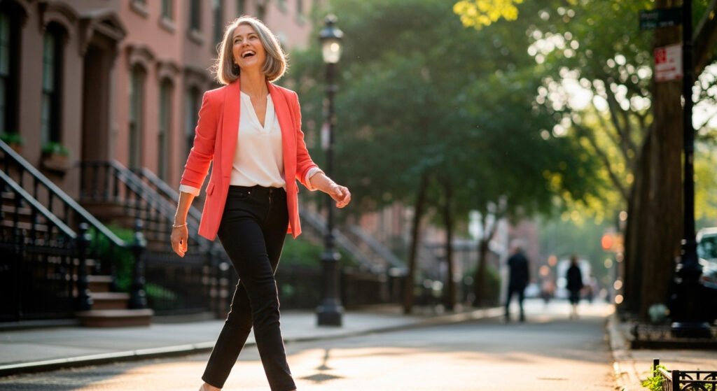 A happy, confident woman showcasing the results of a natural weight loss solution after using the supplement.