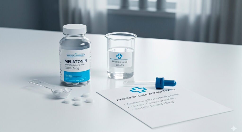 Proper dosage of melatonin pills with measuring tools displayed