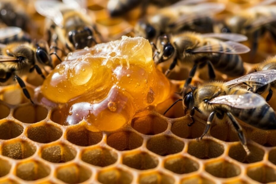 Golden propolis benefits shown in natural honeycomb with working bees creating this powerful health supplement