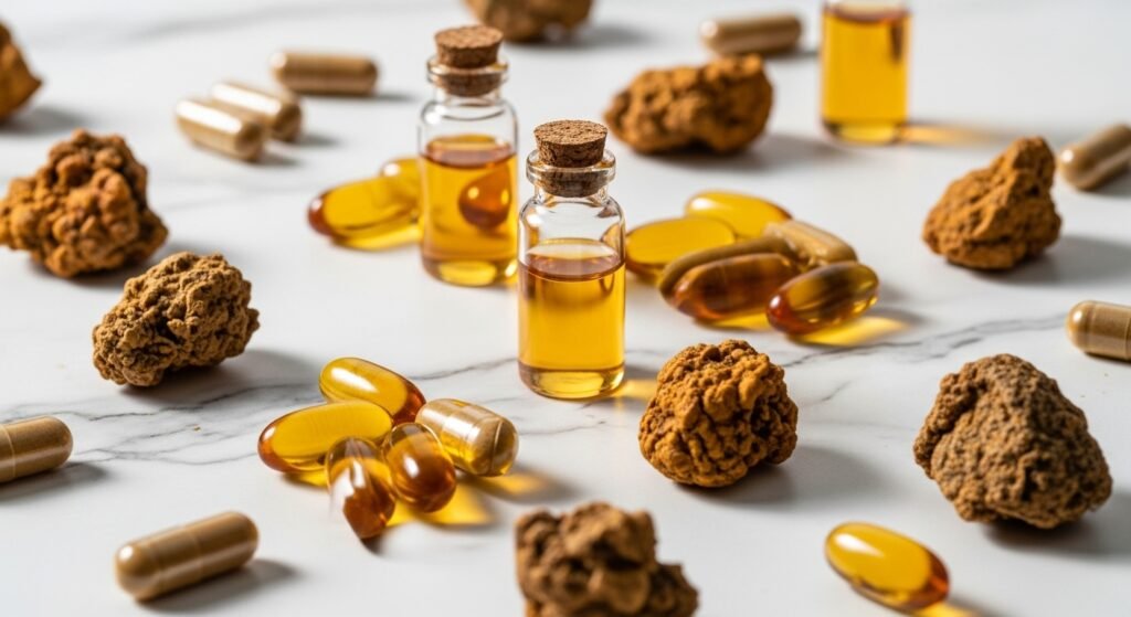 Various propolis supplement forms including capsules and extracts on marble surface for health benefits