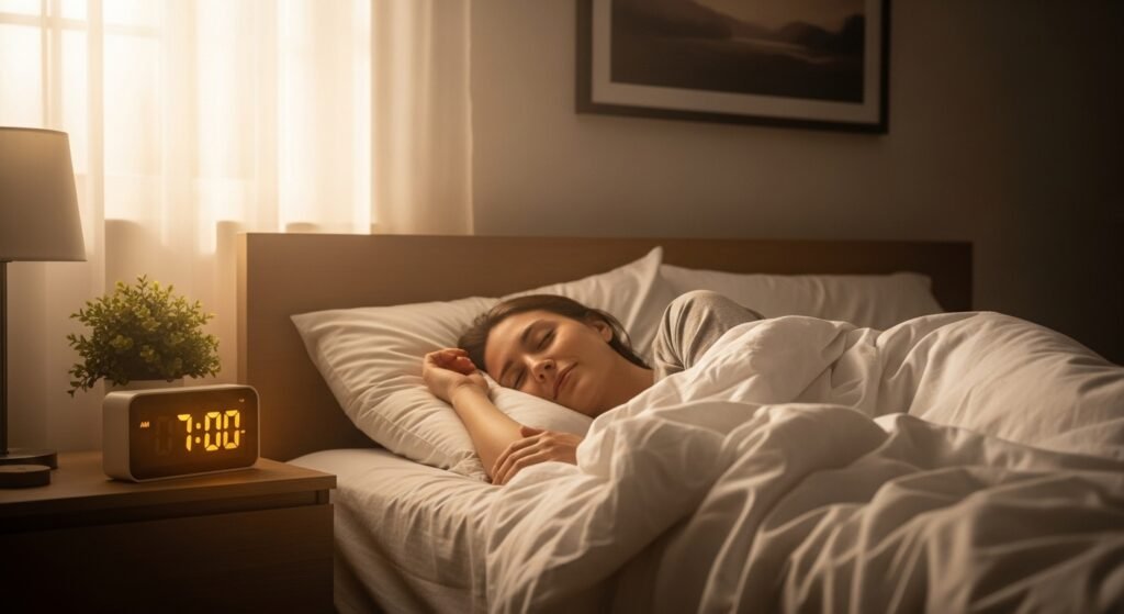 Sleep disorders relief with person sleeping peacefully in comfortable bed