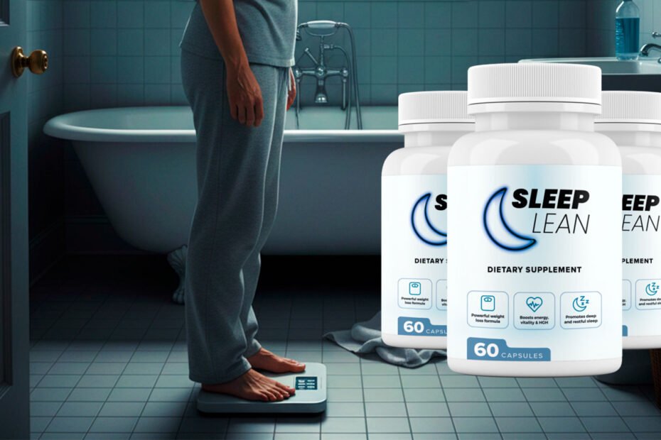 A comprehensive Sleep Lean review showing the product bottle next to a woman weighing herself on a scale, representing overnight weight loss.