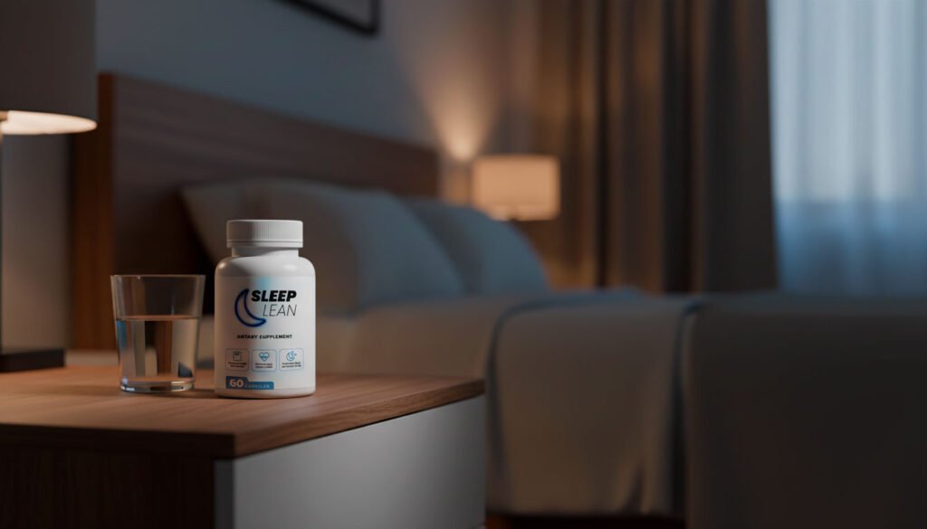 The Sleep Lean supplement bottle on a nightstand, ready for a nightly ritual to support weight loss and deep sleep.