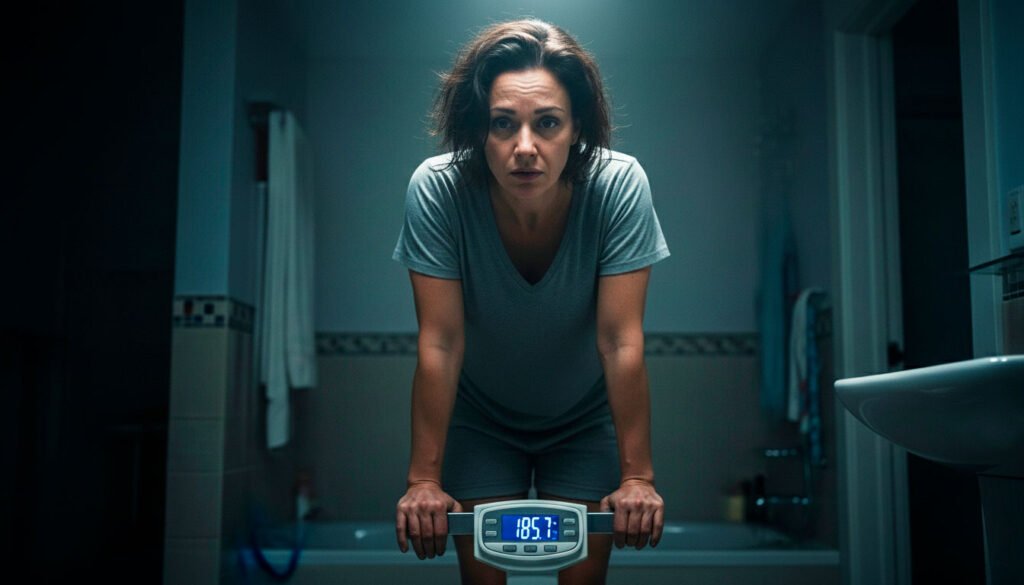 A frustrated person looking at their belly fat, illustrating the struggle to dissolve fat cells that Sleep Lean aims to address.