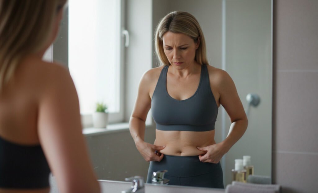 A woman struggling with stubborn fat retention, a common issue that AquaSculpt is designed to help address.