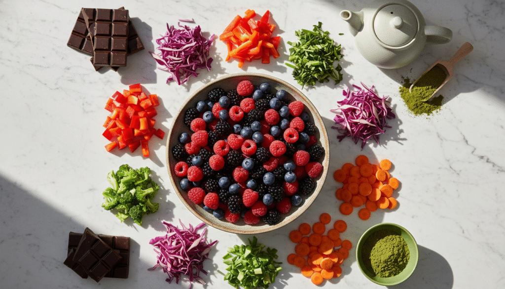 Antioxidant-rich berries, tea, and chocolate protecting skin from free radical damage naturally