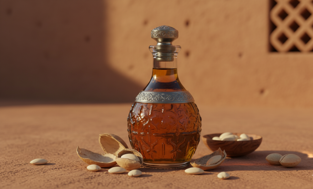 Golden argan oil from Morocco with nuts showing anti-aging skincare properties