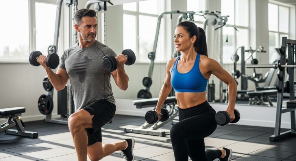 Active couple exercising with weights to improve bone density through resistance training