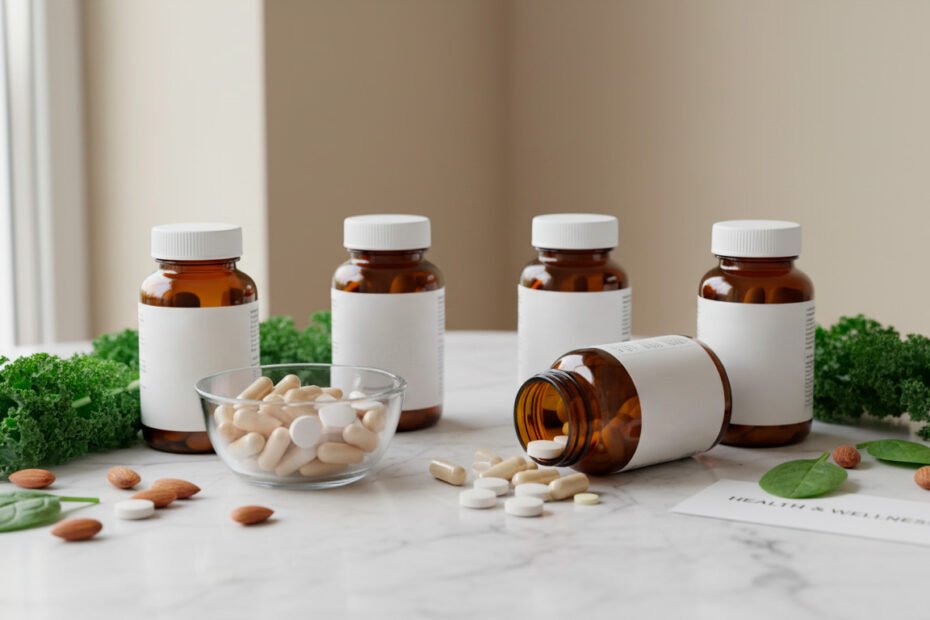 Essential bone health supplements including calcium and vitamins displayed with natural food sources