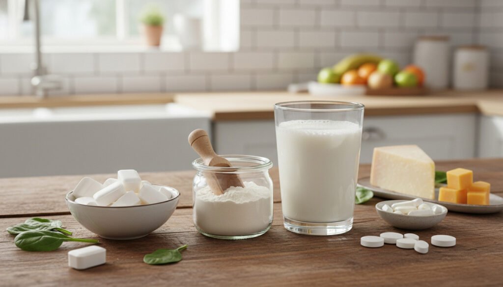Various calcium supplements forms on table showing tablets, powder, and chewable options for bone support