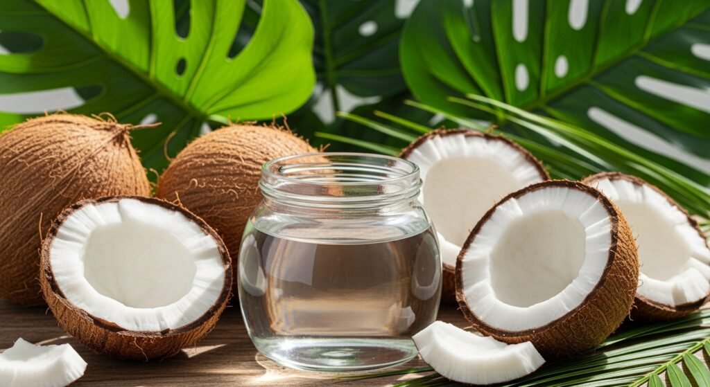 Virgin coconut oil in glass jar with fresh coconuts showing natural moisturizing properties