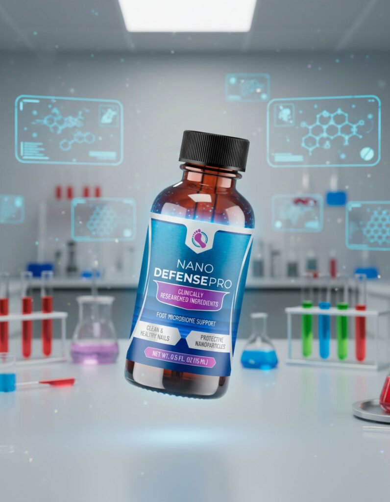 A bottle of the Deep Space nano-antifungal solution displayed in a high-tech lab setting.