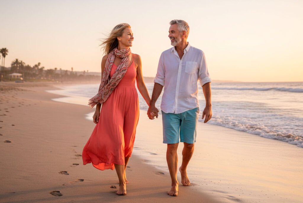 A happy, reconnected couple in their 50s walk on a beach, symbolizing the goal of achieving healthy erections and confidence.