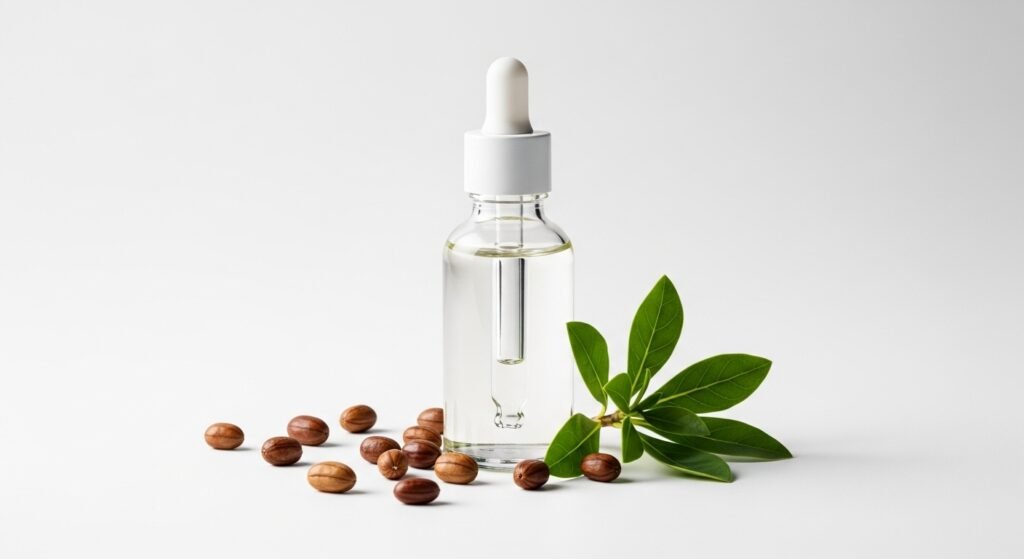 Pure jojoba oil with seeds displaying non-comedogenic properties for all skin types