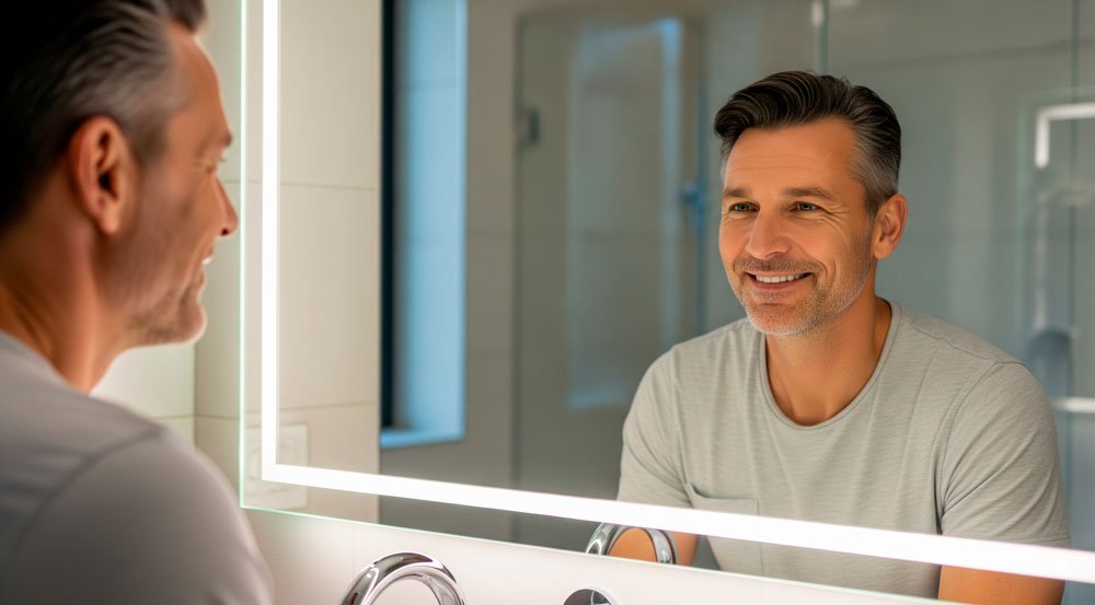 A confident man in his 40s smiling in the mirror, showing the boost in male performance and self-assurance discussed in the review.