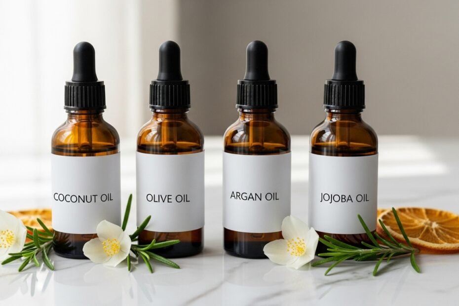 Four bottles of natural face oils including coconut, olive, argan and jojoba for skincare routine