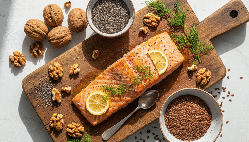 Salmon and nuts providing omega fatty acids for skin barrier protection and anti-aging benefits