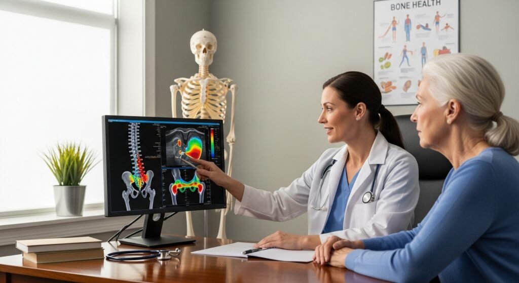 Doctor explaining osteoporosis prevention strategies using bone scan results in medical consultation