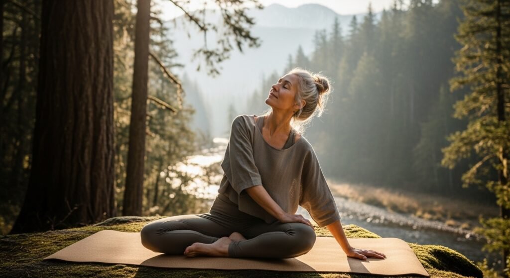 Middle-aged woman reducing perimenopause anxiety through outdoor yoga and exercise