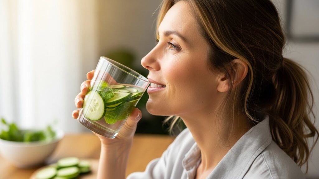 Woman demonstrating proper skin hydration with water and natural cucumber for healthy complexion
