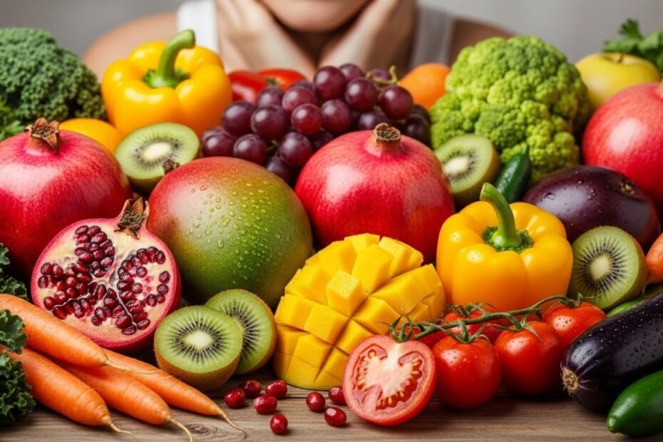 Colorful fruits and vegetables providing essential skin nutrients for natural beauty and healthy radiant complexion
