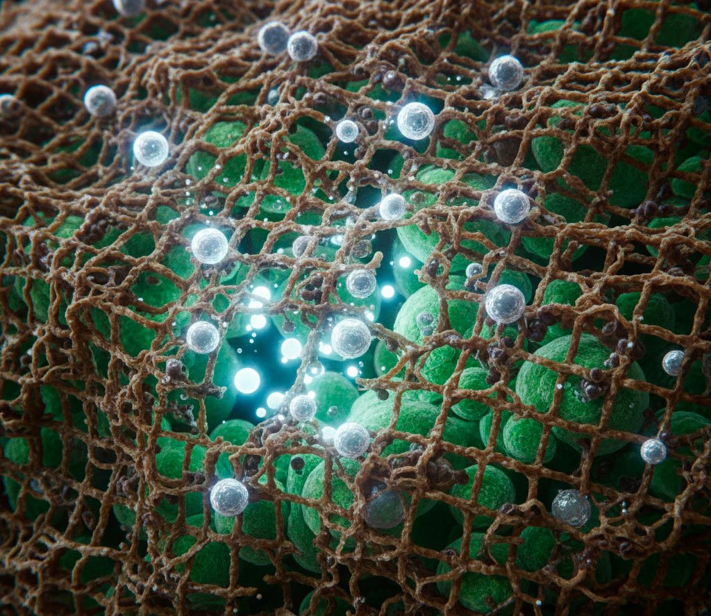 Microscopic view of nanoparticles penetrating a fungal cocoon to treat stubborn toenail fungus.