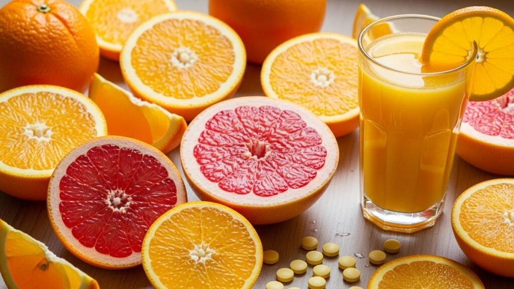 Fresh citrus fruits rich in vitamin C for collagen production and bright healthy skin