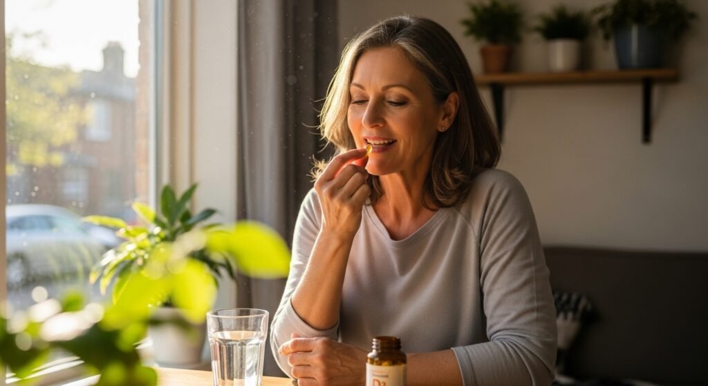 Woman taking vitamin D3 supplement with morning sunshine for optimal bone health and absorption