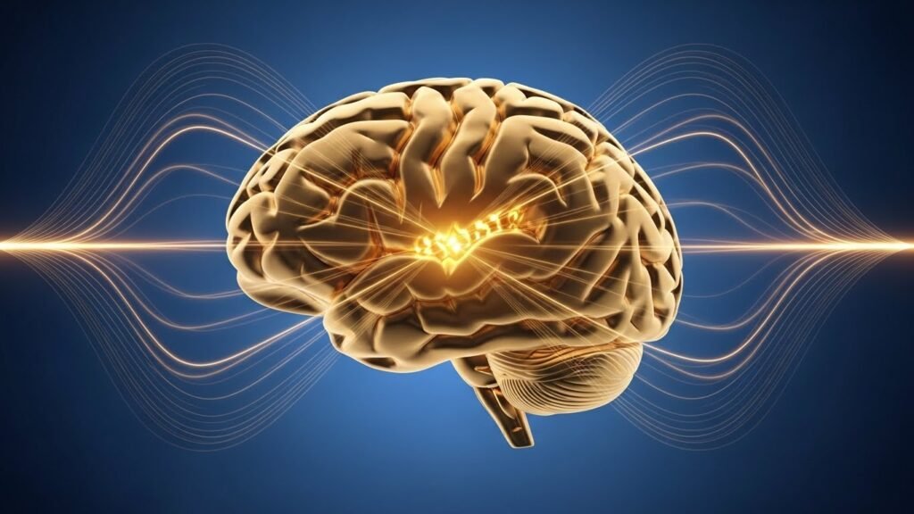 Illustration of the brain showing active pineal gland function and energy flow.