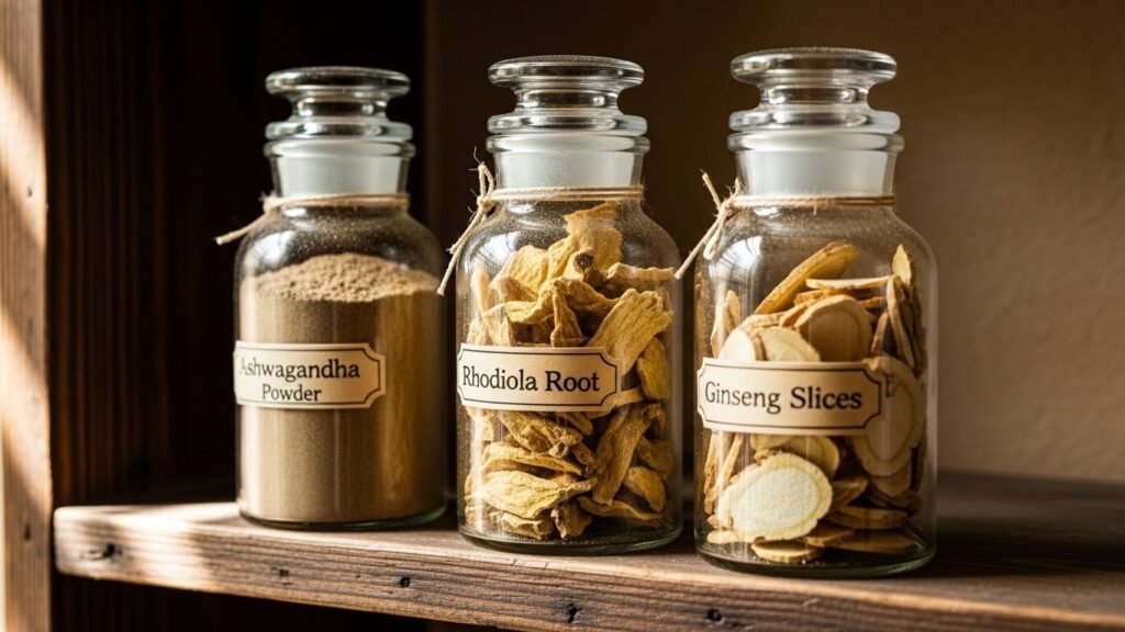 Glass jars filled with adaptogenic herbs like ashwagandha rhodiola and ginseng on wooden shelf