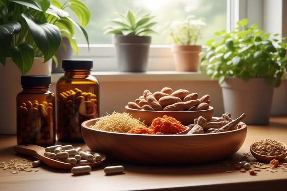 Wooden bowl with dried herbs and supplements representing adaptogens for stress on a sunlit kitchen counter with plants