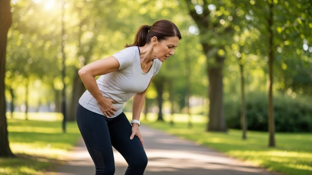 Woman jogging in park experiencing symptoms of bladder leakage.