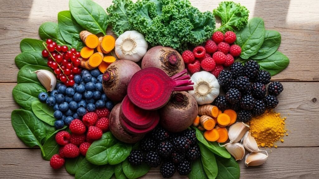 Colorful detox foods including beets, greens, and berries for natural body cleansing support
