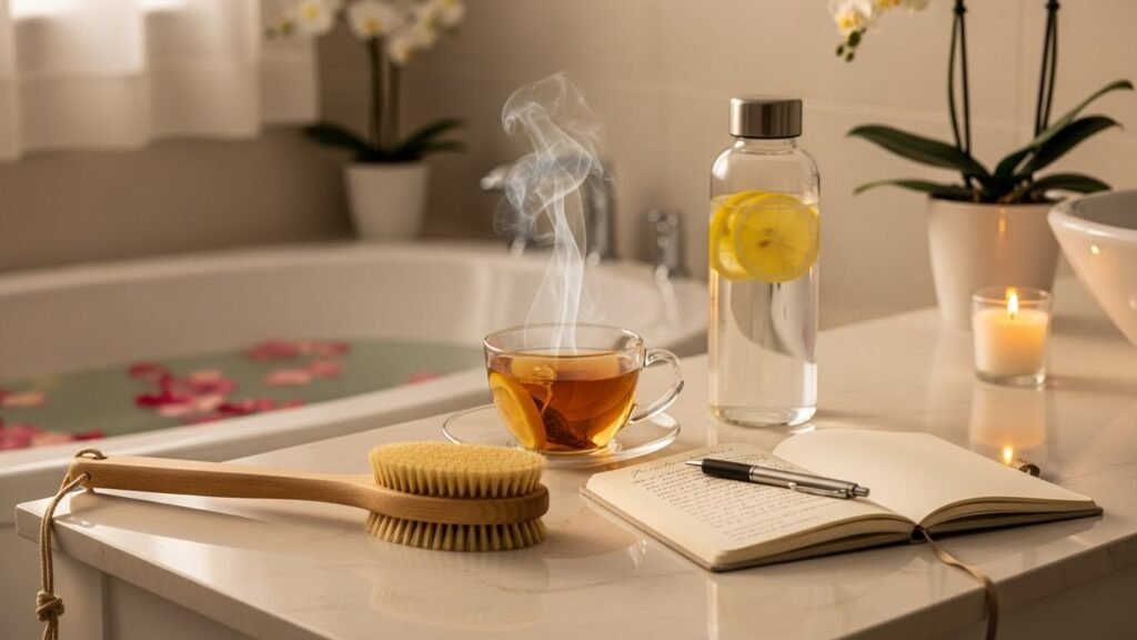 Various detox methods including herbal tea, dry brushing tools, and wellness journaling supplies