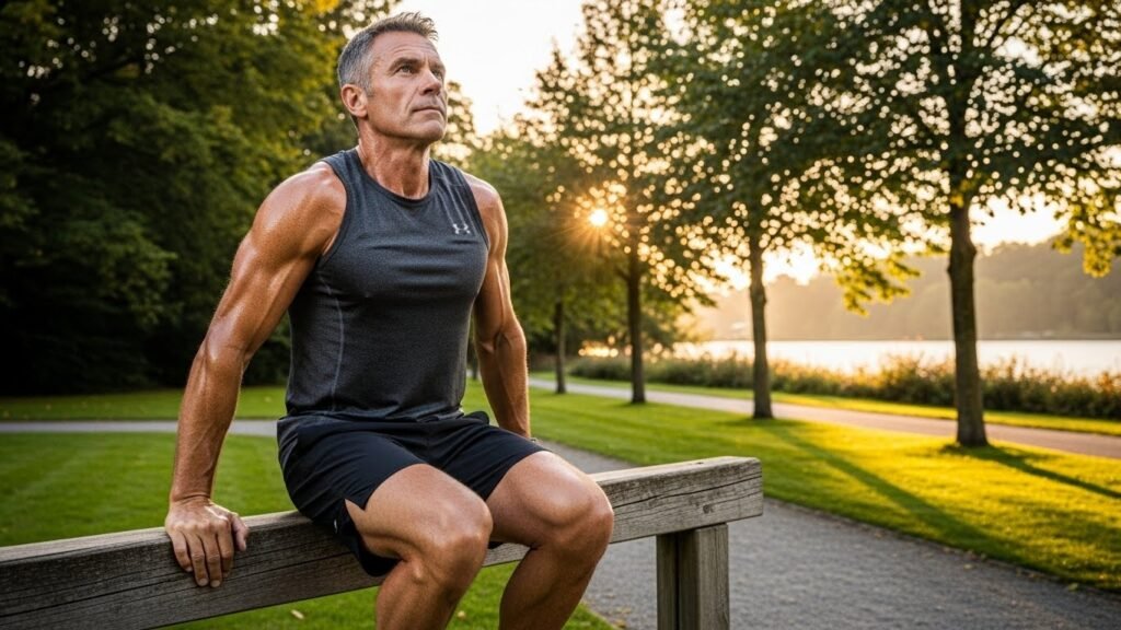 Man improving erectile function through exercise and healthy lifestyle choices outdoors