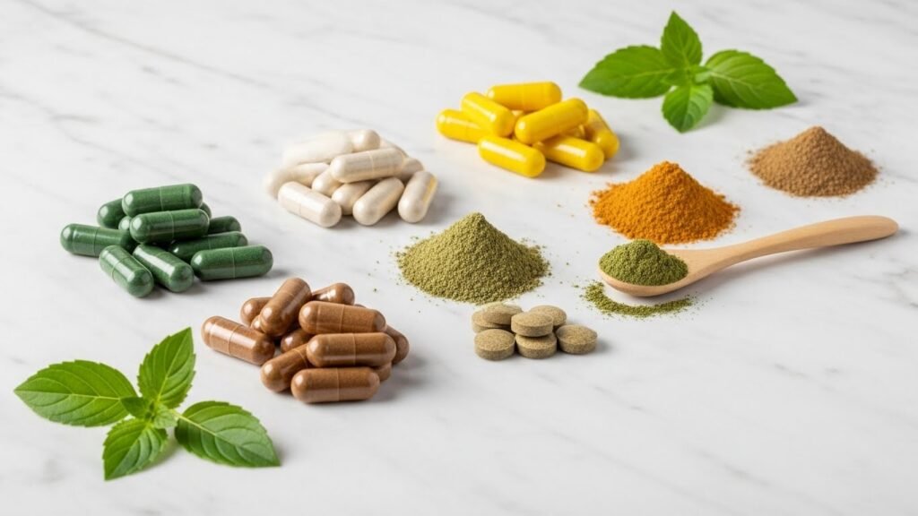 Collection of herbal supplements in capsules and powder form on white marble surface with leaves