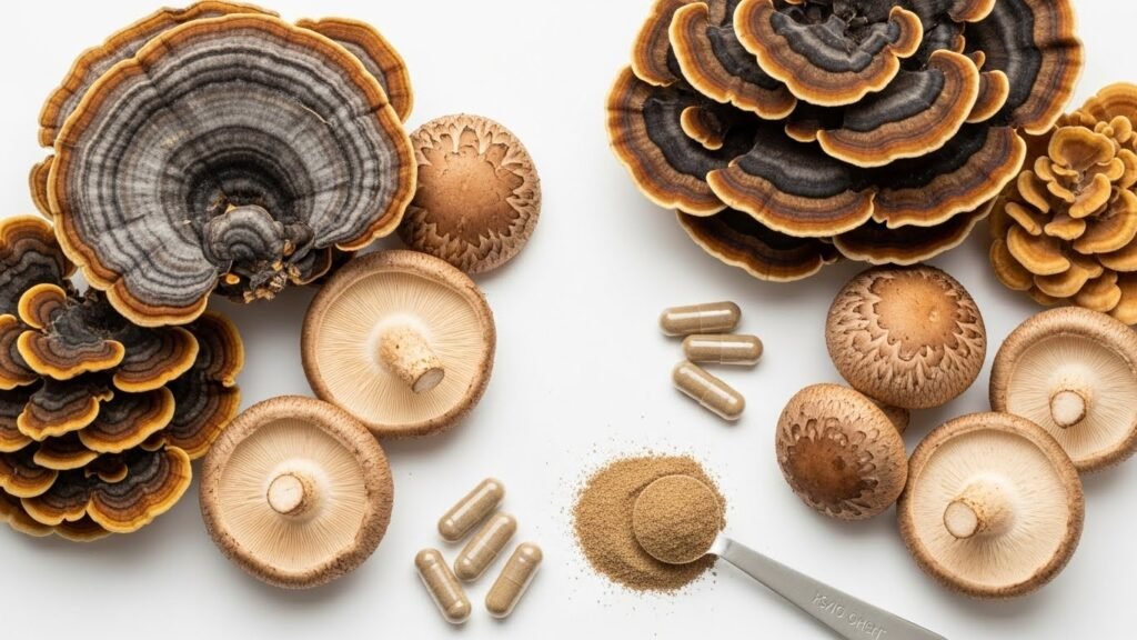 Turkey tail and shiitake mushrooms providing immune support through natural compounds and supplements