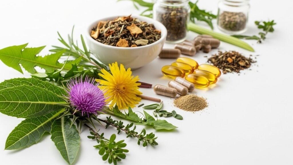 Liver support herbs including milk thistle and dandelion for natural detoxification
