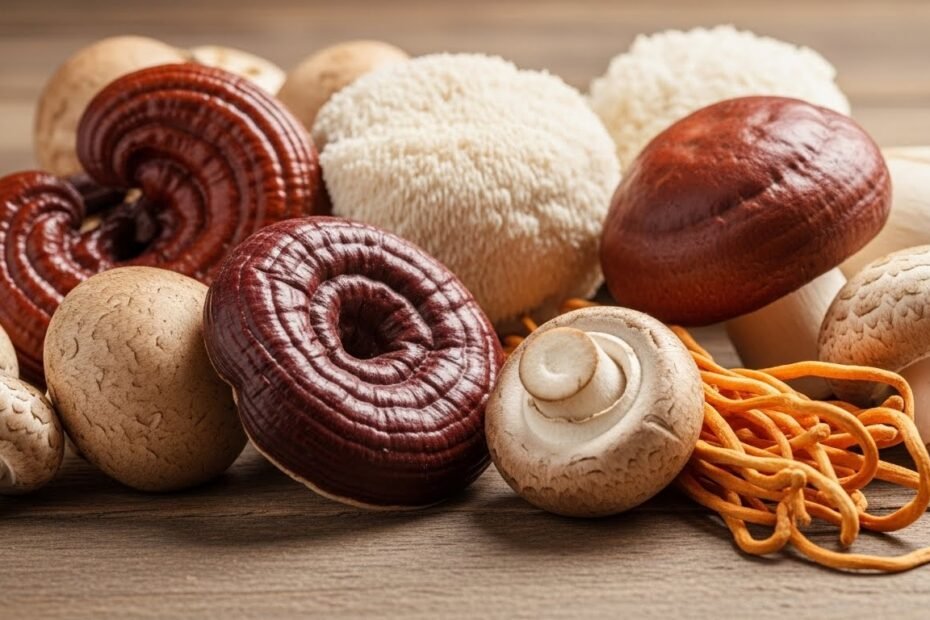 Various medicinal mushrooms including reishi, cordyceps, and lion's mane for natural health and wellness support