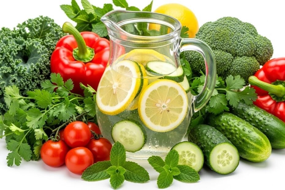 Natural detox ingredients including fresh vegetables, herbs, and lemon water for healthy cleansing