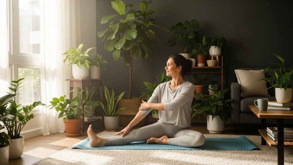 Woman practicing morning yoga as natural stress relief in bright living room with indoor plants