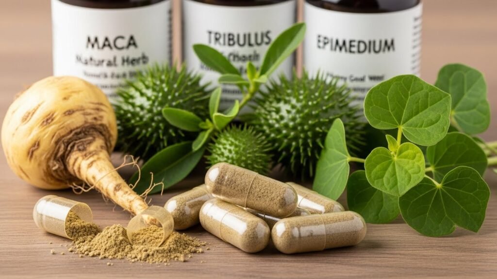 Natural viagra alternatives including maca, tribulus, and herbal supplements for men