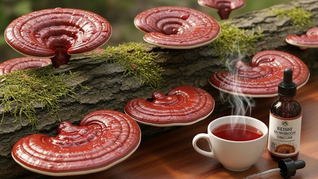 Red reishi benefits shown through fresh mushrooms and traditional preparation methods for wellness