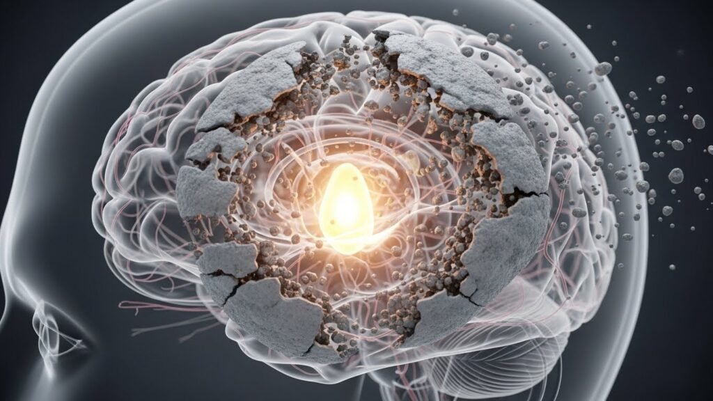 Medical illustration showing the reversal of pineal gland calcification in the brain.