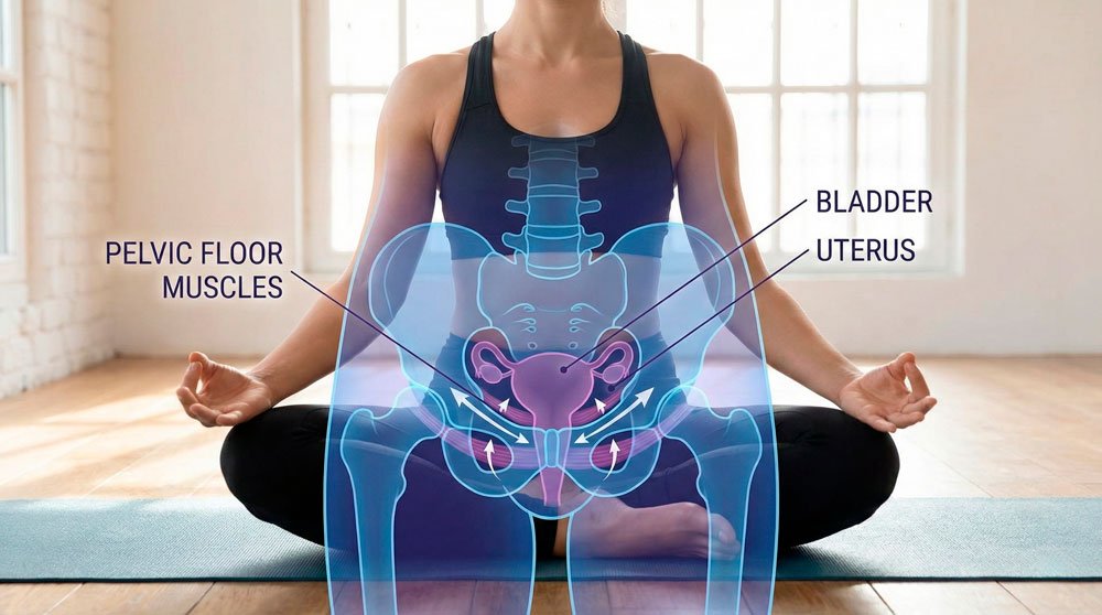 Anatomical illustration showing the location of pelvic floor muscles.