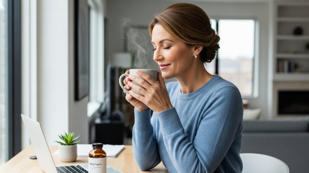 Professional woman practicing stress management at home office desk with herbal tea and supplements