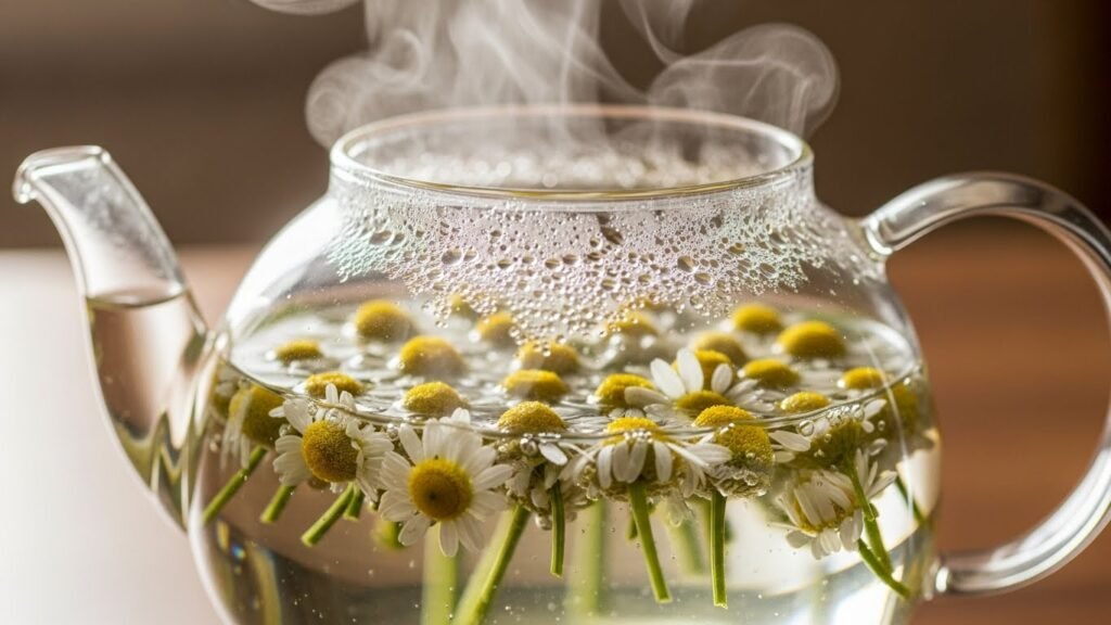 Fresh chamomile tea steeping in a glass pot, highlighting its calming properties for sleep