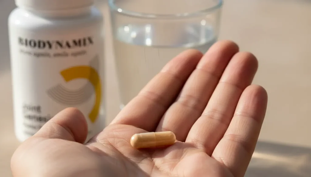 Joint Genesis dosage – single daily capsule shown with glass of water for proper intake